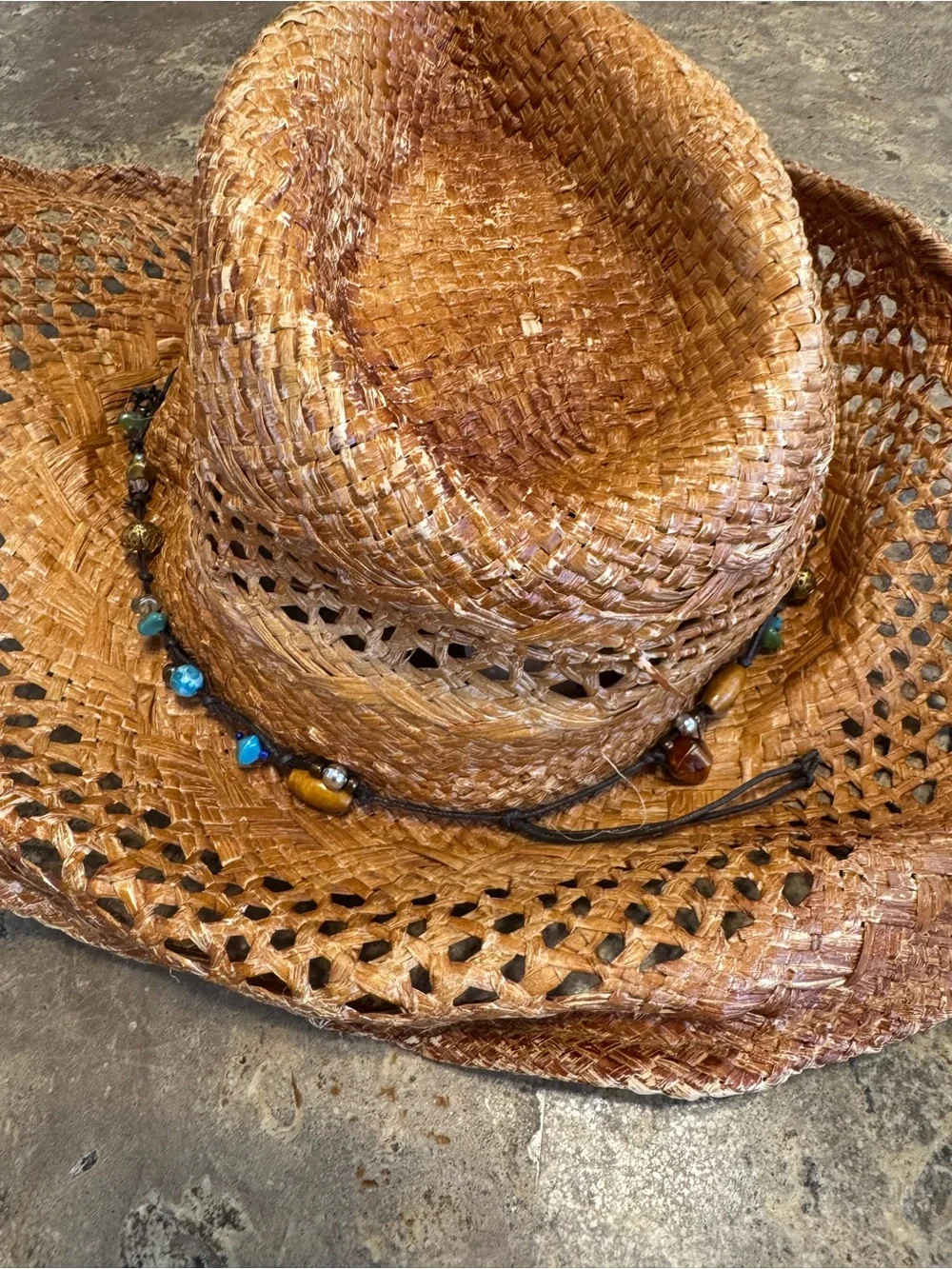 Vintage 2000s Scala Distressed Straw Cowgirl Hat Beaded Western Boho Y2K OS